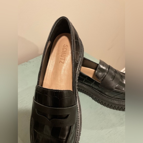 SCHUTZ Black Croc Embossed Leather Loafers Size 9 - Picture 2 of 7
